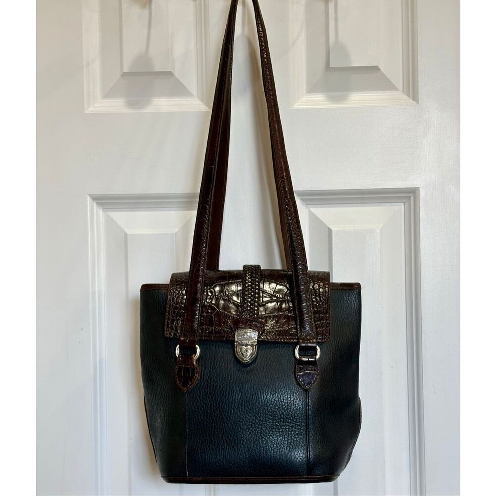 BRIGHTON 🎉2X HP🎉 Vintage Brown & Black Bucket Shoulder Bag/Croc-Embossed Detail - Picture 2 of 14